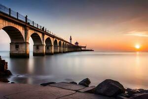 uma grandes exposição fotografia do uma ponte sobre a oceano. gerado por IA foto