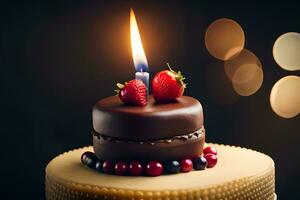 aniversário bolo com chocolate vela e bagas em Sombrio fundo. gerado por IA foto