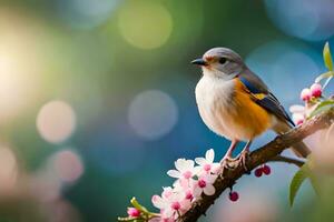 uma pequeno pássaro é sentado em uma ramo com flores gerado por IA foto