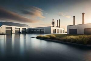 industrial fábrica com água e uma pôr do sol. gerado por IA foto