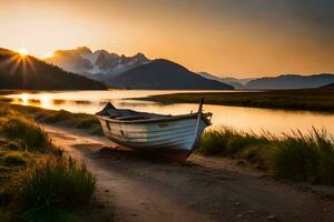 uma barco senta em a costa do uma lago às pôr do sol. gerado por IA foto