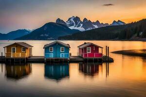 três colorida casas sentar em a costa do uma lago. gerado por IA foto