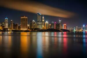 a cidade Horizonte às noite com luzes refletindo fora a água. gerado por IA foto