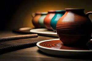 uma linha do colorida vasos e taças em uma mesa. gerado por IA foto