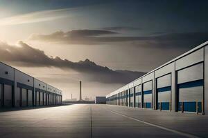 uma grandes linha do industrial edifícios com uma céu dentro a fundo. gerado por IA foto