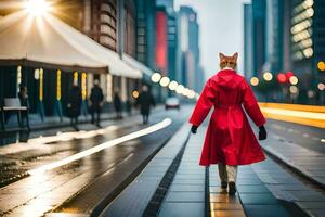 uma mulher dentro uma vermelho casaco caminhando baixa uma cidade rua. gerado por IA foto