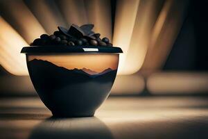 uma copo do café com montanhas dentro a fundo. gerado por IA foto