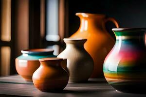 uma grupo do colorida vasos sentado em uma mesa. gerado por IA foto