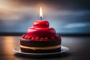 uma vermelho vela é aceso em topo do uma chocolate bolo. gerado por IA foto