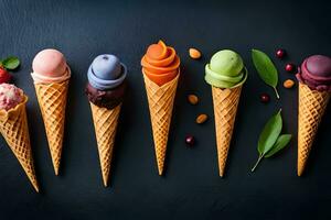 diferente sabores do gelo creme dentro cones em uma Preto fundo. gerado por IA foto