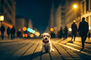 uma cachorro é em pé em uma rua às noite. gerado por IA foto