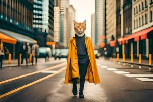 uma gato vestindo uma amarelo casaco e caminhando baixa a rua. gerado por IA foto