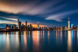 a cidade Horizonte às noite dentro Xangai. gerado por IA foto