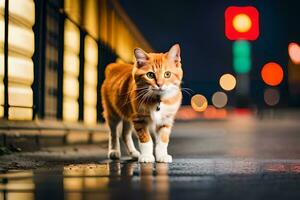 uma gato caminhando em a rua às noite. gerado por IA foto