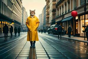 uma gato vestindo uma amarelo capa de chuva em pé em uma rua. gerado por IA foto