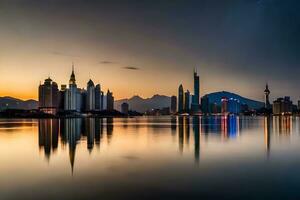 a cidade Horizonte é refletido dentro a água às pôr do sol. gerado por IA foto