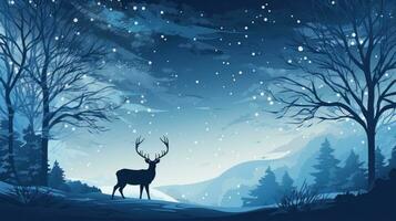 rena em neve. majestoso animais, coberto de neve árvores, e uma estrelado céu. foto