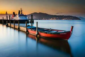 uma barco ancorado às a doca às pôr do sol. gerado por IA foto