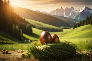 Páscoa ovos dentro a ninho dentro a montanhas. gerado por IA foto