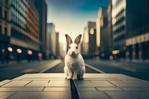 uma Coelho é em pé em uma rua dentro frente do uma cidade. gerado por IA foto