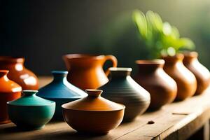 uma linha do colorida vasos em uma mesa. gerado por IA foto