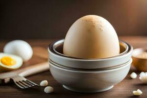 a ovo é sentado dentro uma tigela com de outros ingredientes. gerado por IA foto