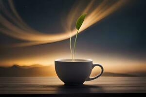 uma copo do café com uma plantar crescendo Fora do isto. gerado por IA foto