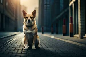 uma cachorro sentado em a rua dentro uma cidade. gerado por IA foto