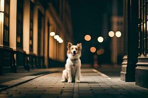 uma cachorro sentado em a rua às noite. gerado por IA foto