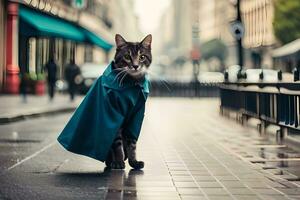 uma gato vestindo uma azul casaco em uma cidade rua. gerado por IA foto