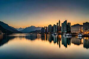 a cidade Horizonte é refletido dentro a água às pôr do sol. gerado por IA foto