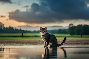 uma gato sentado em a terra dentro frente do uma lago. gerado por IA foto