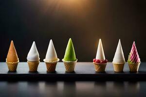 diferente sabores do gelo creme cones em uma mesa. gerado por IA foto