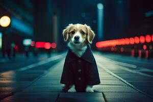 uma cachorro vestindo uma casaco e em pé em uma rua. gerado por IA foto