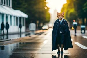 uma Raposa vestido dentro uma terno e gravata em pé em uma molhado rua. gerado por IA foto