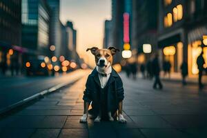 uma cachorro dentro uma terno e gravata sentado em a rua. gerado por IA foto