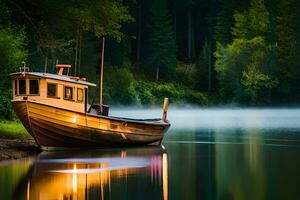 uma barco senta em a costa do uma lago às noite. gerado por IA foto