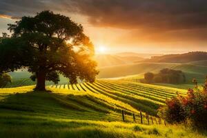 uma lindo pôr do sol sobre uma verde campo com árvores gerado por IA foto