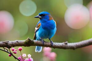 uma azul pássaro sentado em uma ramo com Rosa flores gerado por IA foto