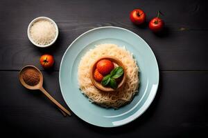 italiano massa com tomates e manjericão em uma de madeira mesa. gerado por IA foto