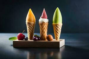 três gelo creme cones com fruta e nozes em uma de madeira ficar em pé. gerado por IA foto