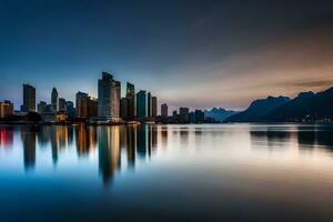 a cidade Horizonte é refletido dentro a água às crepúsculo. gerado por IA foto