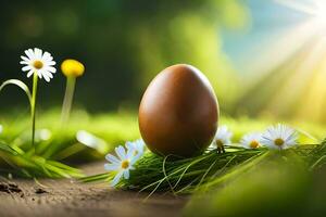 a Páscoa ovo dentro a Relva com margaridas e Sol. gerado por IA foto