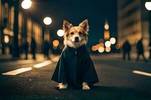 uma cachorro vestindo uma capa em a rua às noite. gerado por IA foto
