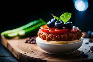 uma Hamburger com amoras e tomates em topo. gerado por IA foto