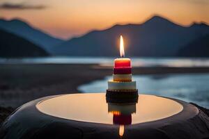 uma vela é aceso em uma Rocha dentro frente do uma lago. gerado por IA foto