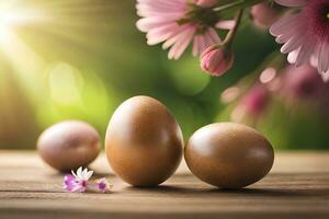 três Castanho ovos em uma de madeira mesa com flores gerado por IA foto