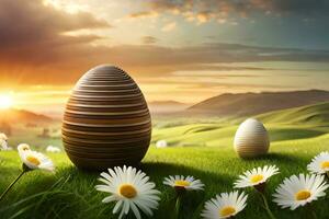 Páscoa ovos dentro uma campo com margaridas e Sol. gerado por IA foto