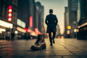 uma homem caminhando baixa uma cidade rua com uma bota. gerado por IA foto