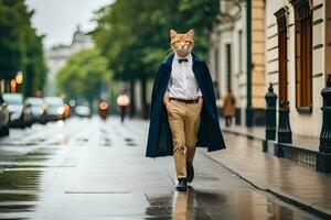 uma homem vestindo uma gato mascarar anda em baixa uma rua. gerado por IA foto